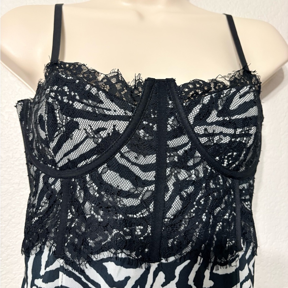 Mesh Body con Semi Sheer Black White Zebra Print Dress w Bustier Type Lace Top - Picture 4 of 13